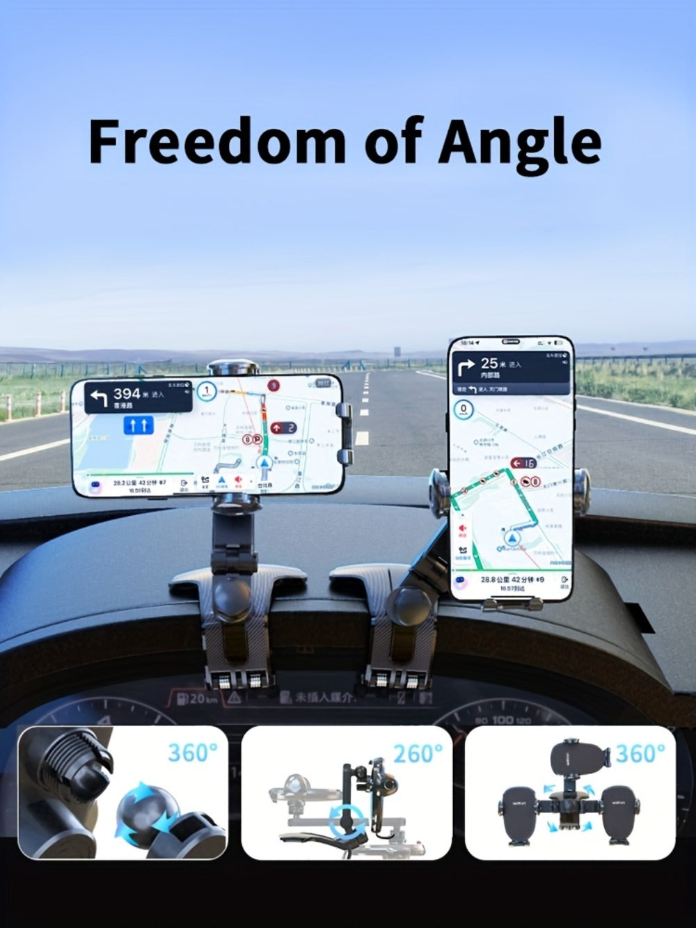 Deep Gray Dashboard-Edge Car Phone Holder with 360-Degree Joint and Triangular Support Clip — image 12