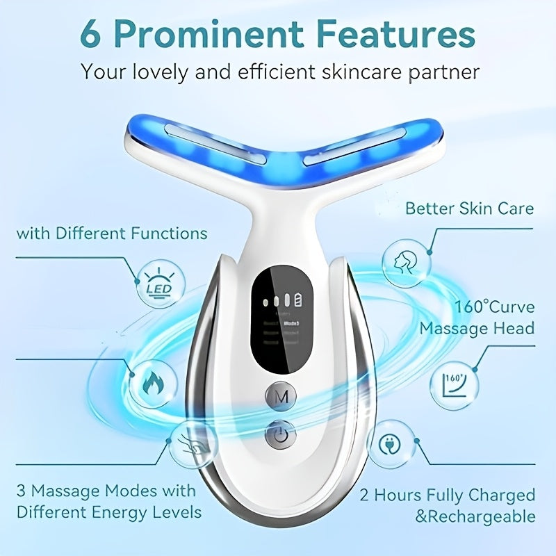 Face & Neck Massager 7-in-1 LED Light Therapy USB Rechargeable - Multifunctional Facial Lifting Wrinkle for Home or Salon Spa