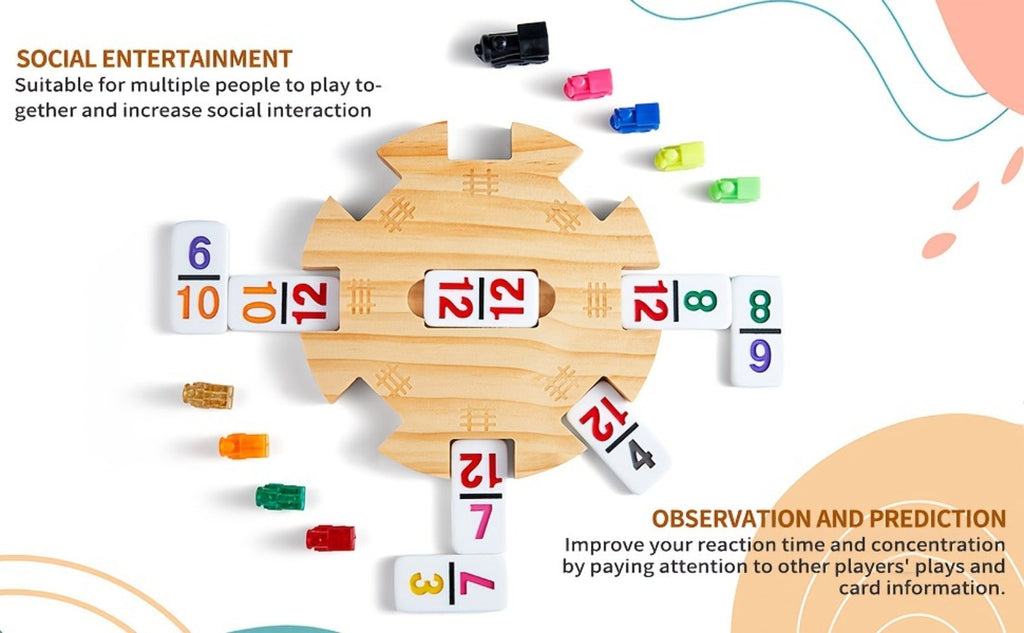 Mexican Train Dominoes Double 12 Set – 91 Colorful Tiles, 9 Metal Trains & 4 Wooden Racks, Complete Strategy Board Game with 