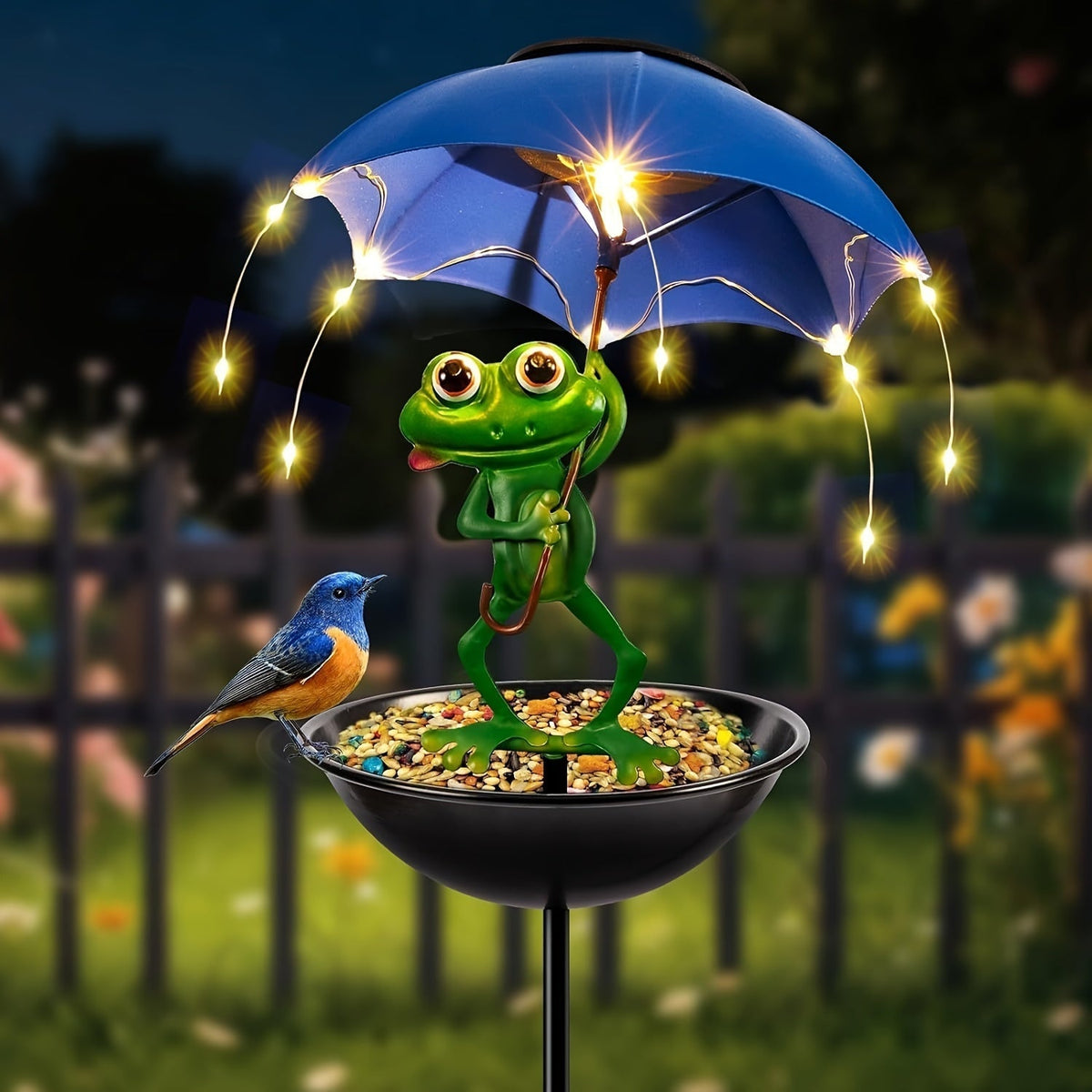 Solar Frog Statue Garden Light with Bird Feeder & LED String Decor, for Garden, Pathway and Patio Lighting — image 1