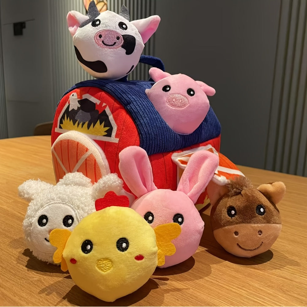 Farm Playset Baby Toy with 6 Plush Animals, Barn, Rattle, Crinkle & Mirror, Portable Sensory Learning Toy for Babies & Toddle