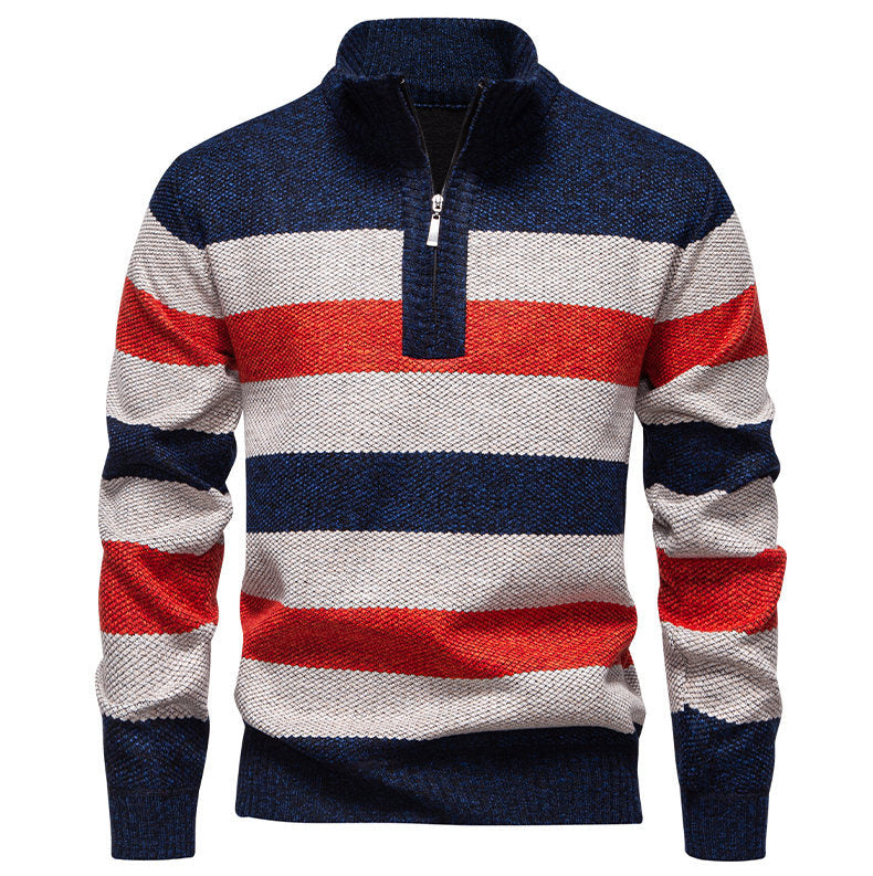 Mens Color-Block Stand-Up Collar Half-Zip Fleece-Lined Thermal Sweater