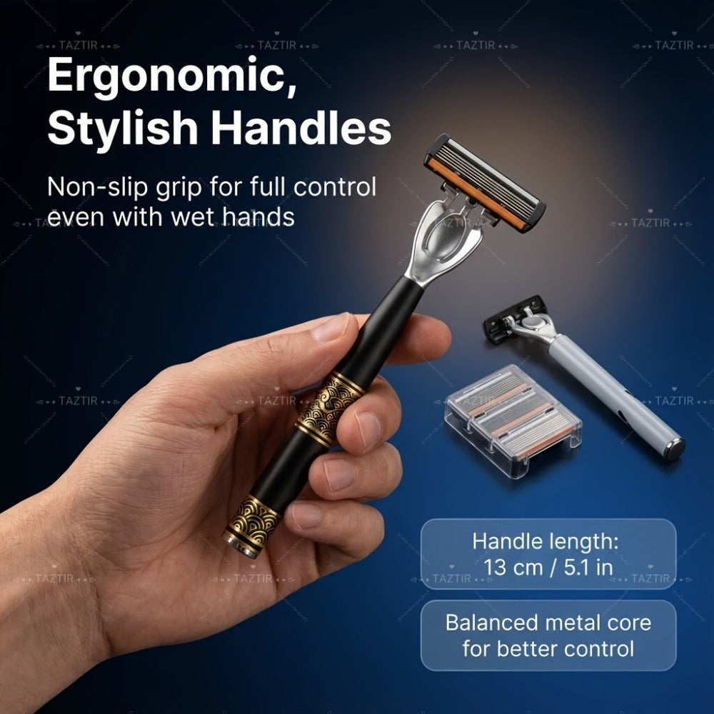 Luxury Men's Razor Set 6-Layer Blades – 2 Ergonomic Anti-Slip Handles & 72 Replaceable Blades, Precision Manual Shaving Kit —