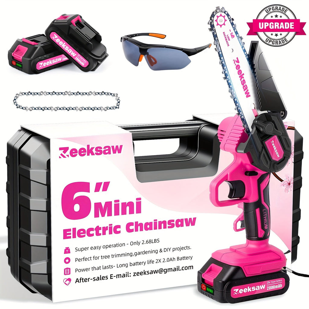Pink 6-Inch Mini Cordless Chainsaw Kit with Two Batteries, Charger, Carry Case, Spare Chains and Clear Eyewear — image 5