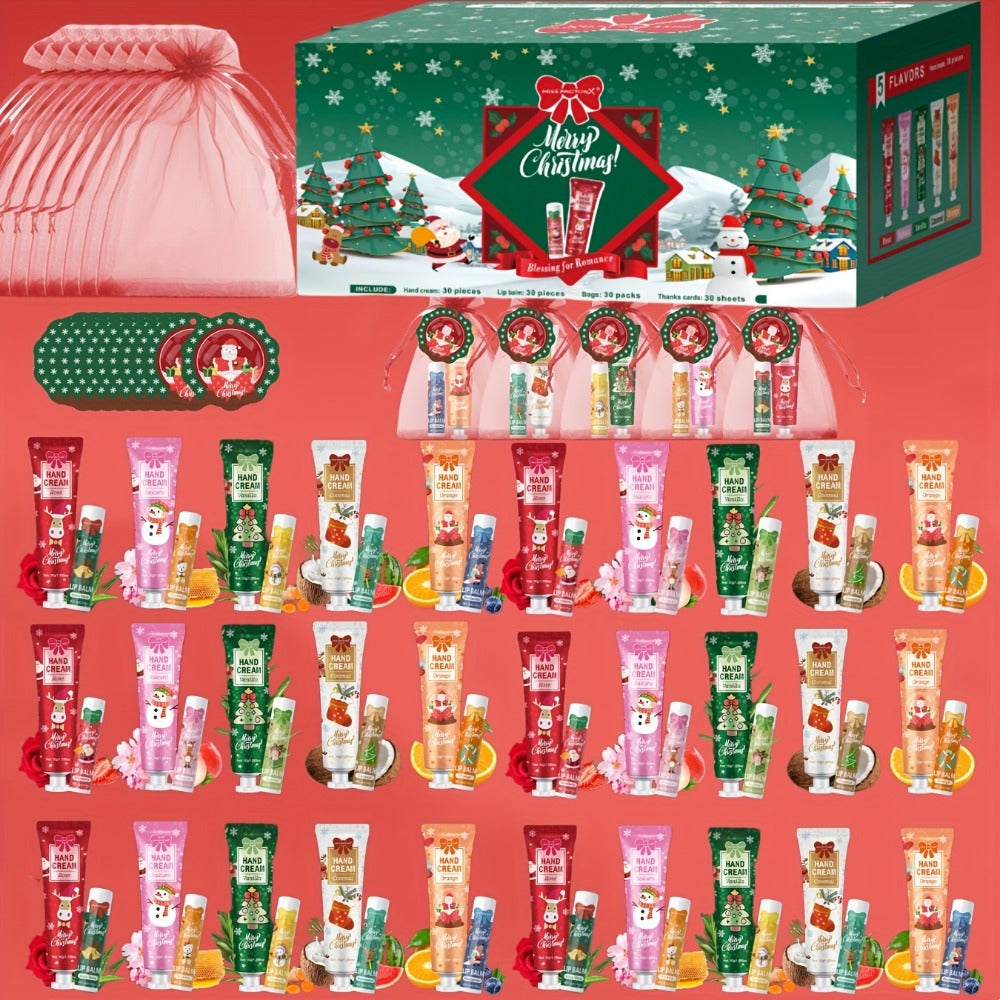 Bulk Gift Set 120 Pieces Lip Balm & Hand Cream with Red Velvet Bags & Holiday Cards – Moisturizing Party Favors for Colleague