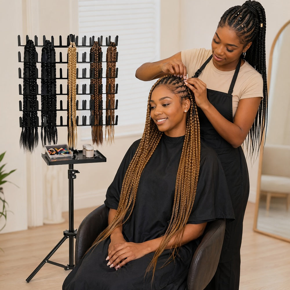 Braiding Hair Rack 144 Pegs Height Adjustable 2-Side Hair Extension Holder Stand with Tray – Foldable Portable Professional B