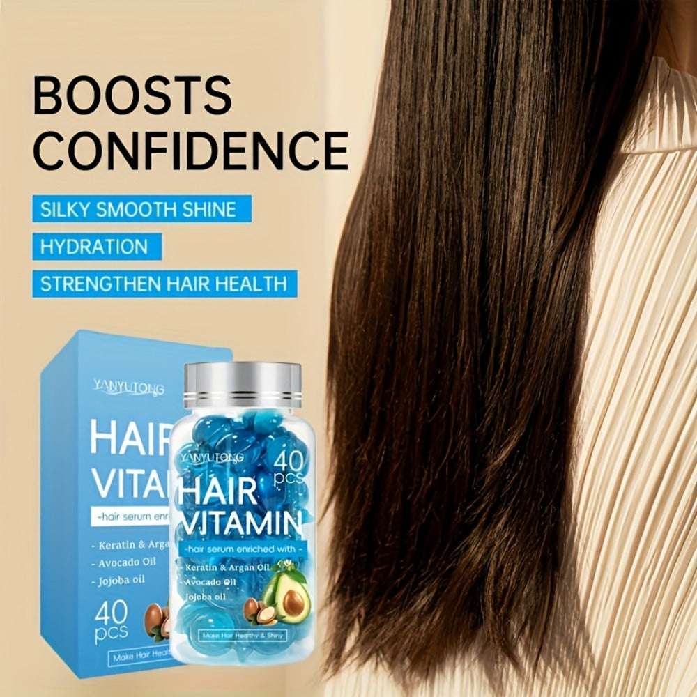Hair Oil Capsules 40pcs – Keratin Hair Vitamin Essence with Moroccan Argan Oil, Avocado Oil & Jojoba Oil | No-Rinse Deep Nour