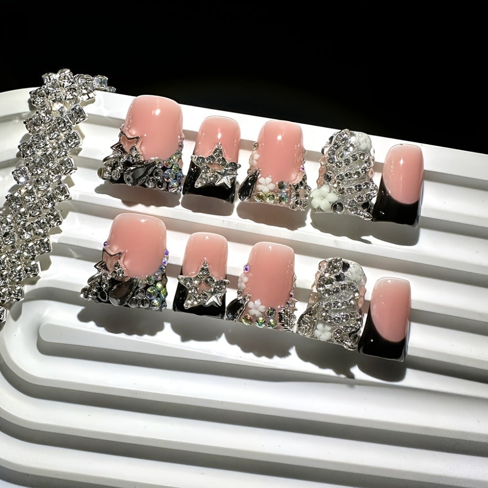 Press On Nails 10-Piece Short Duckbill Set with Black French Tips, Snake, Stars and Self-Adhesive Gel Tabs — image 8