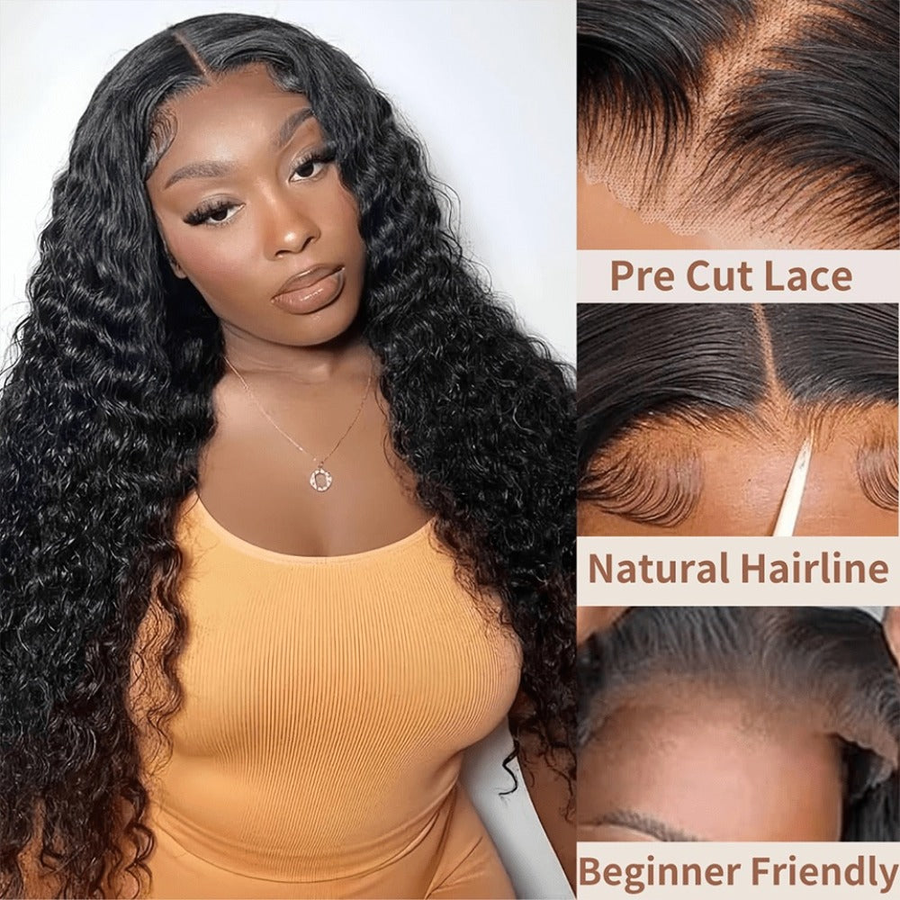 Lace Front Wig Deep-Wave Human Hair, 14-Inch Natural Black with 250% Density and Pre-Cut Buckle Cap — image 3