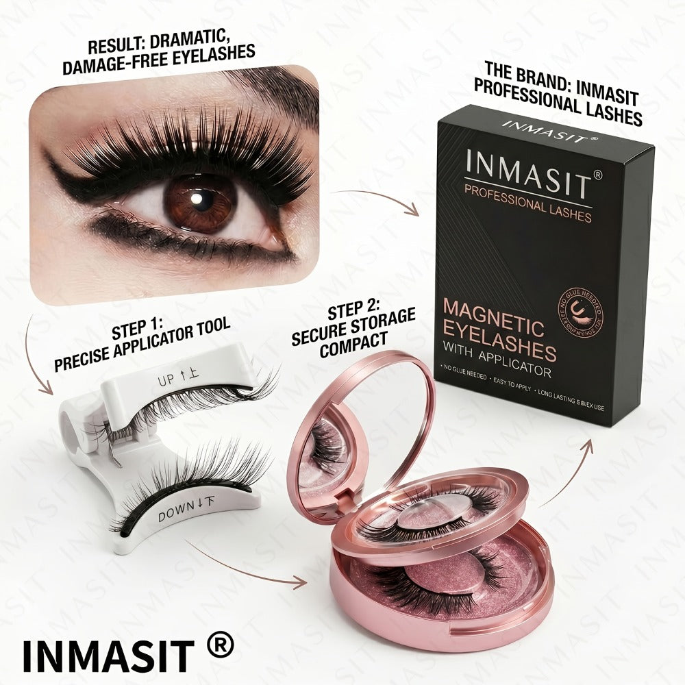 INMASIT Magnetic False Eyelashes Set with Round Storage Case and Applicator in Black or Pink — image 2