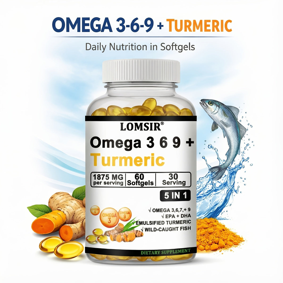 Omega 3-6-9 & Turmeric Softgels with DHA & EPA, Wild Fish Oil Blend, Emulsified Turmeric for Heart — image 10