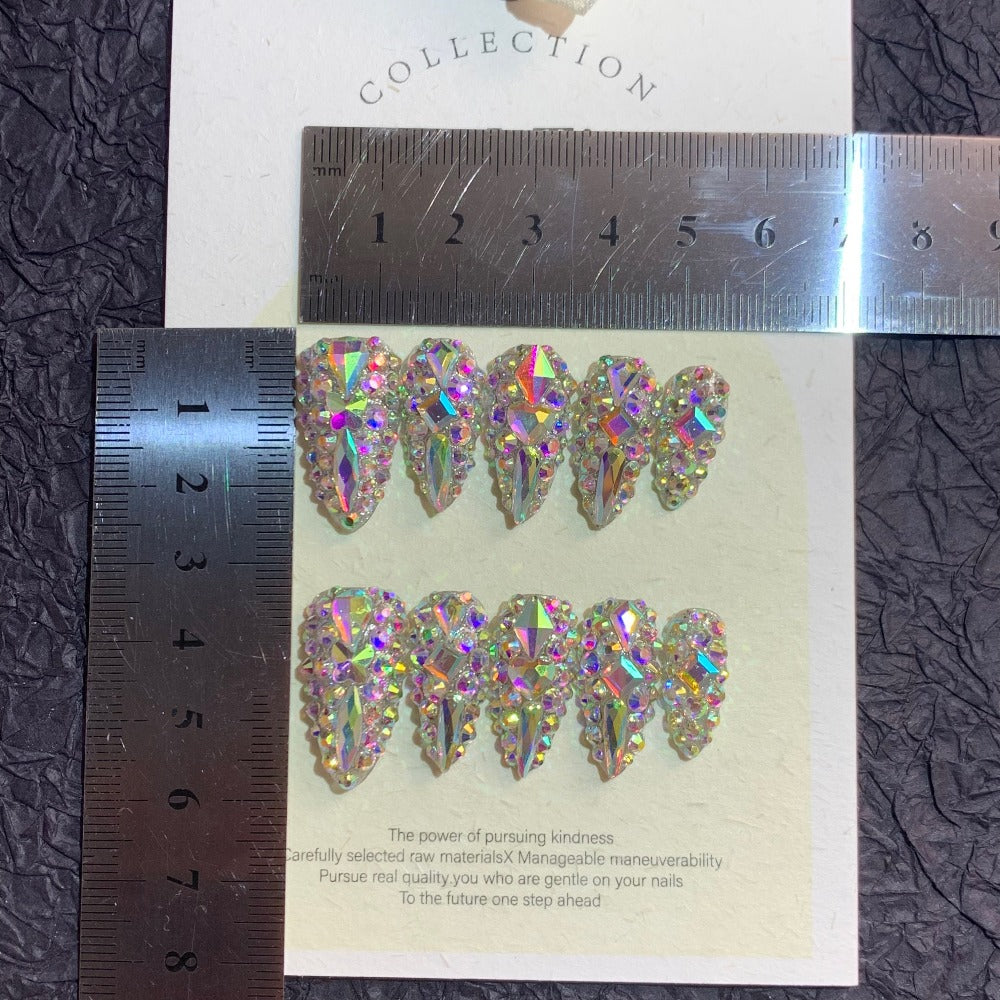 Press On Nails 10-Piece Medium Almond Glitter Color-Block Set with AB Crystal Rhinestones and Tool Kit — image 8