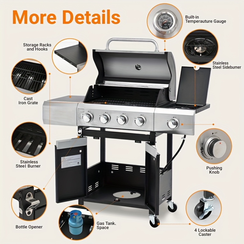 Propane Gas Grill Stainless Steel 3 & 4 Burner Outdoor BBQ Grill with Side Burner, Grill Cover & 344 Sq In Cooking Surface — 