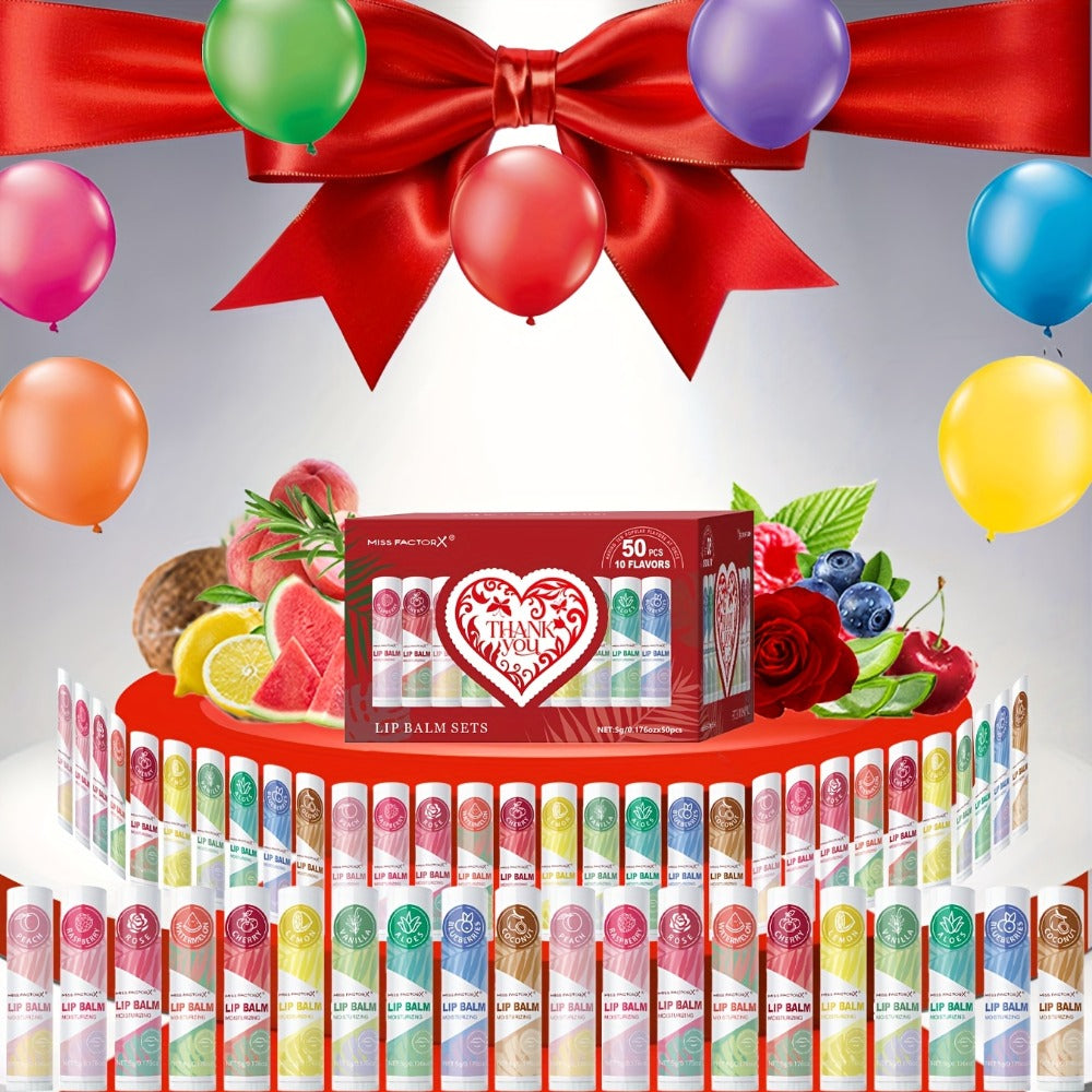 Fruit Flavored Lip Gloss Set 50 Pieces – Moisturizing Lip Balm Kit in 10 Colors, Hydrating Lip Care for Dry & Cracked Lips, D