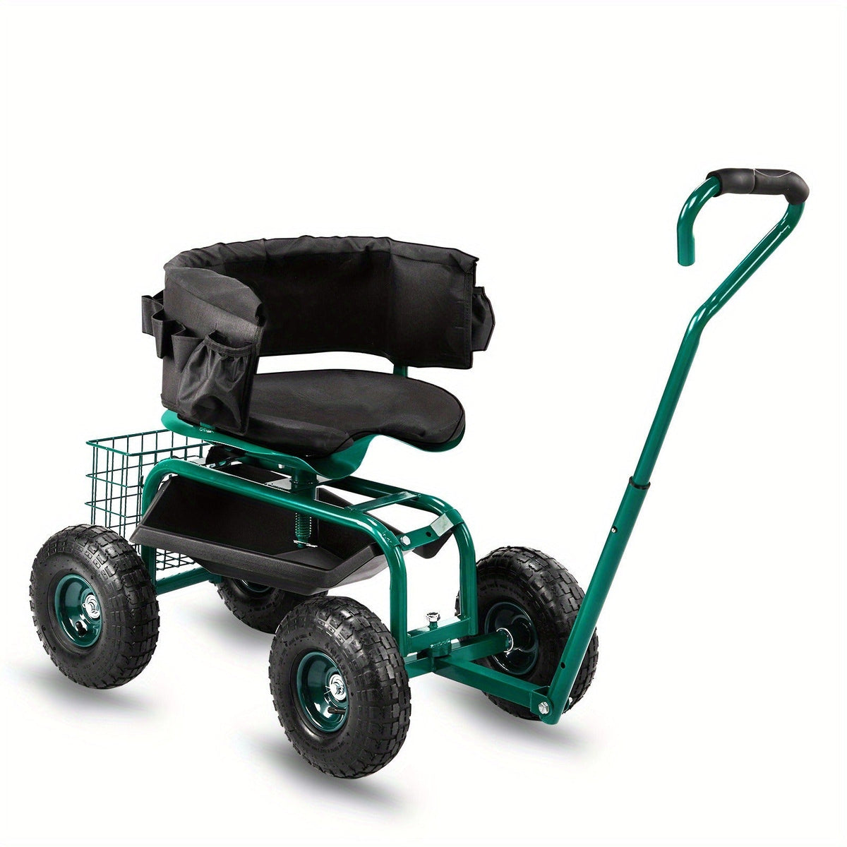Rolling Garden Seat Cart, Backrest, Cushion, Telescopic Handle & Storage Basket, Steel Frame — image 13