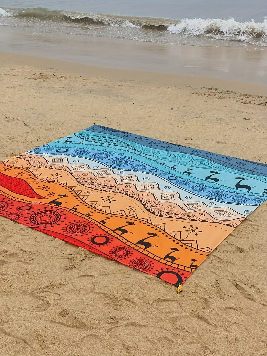 205 x 198cm Picnic Blanket with Orange, Aqua and Black Bohemian Animal Print and Matching Zip Carry Bag — image 12