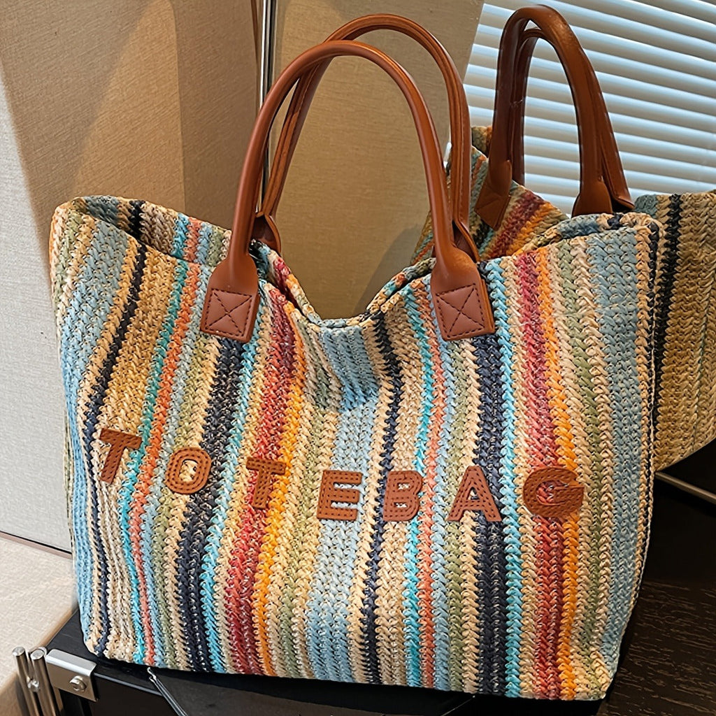 Straw Tote Bag for Women Large Capacity Bohemian Hand-Woven Striped Beach Bag Summer Vacation Shoulder Bag Colorful Letter Pa