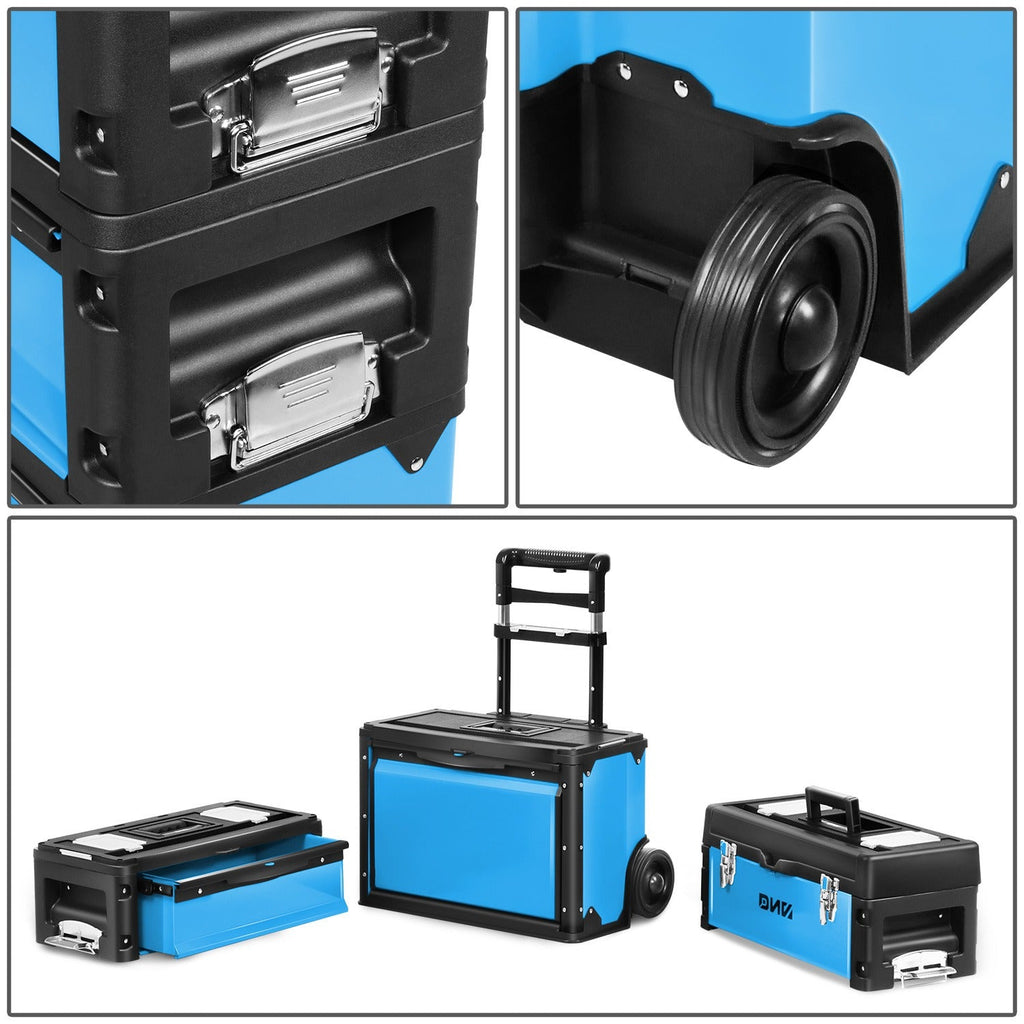 Rolling Tool Box 3-Tier Stackable Portable Toolbox with Wheels 19.5x12x28.5 Inch Steel PP 3-in-1 Detachable Compartments Meta