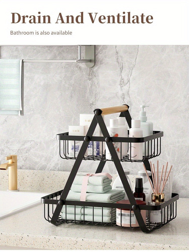 Two-Tier Black Wire Fruit Basket with Wood-Look Carry Handle and 12.2-Inch Countertop Frame — image 12
