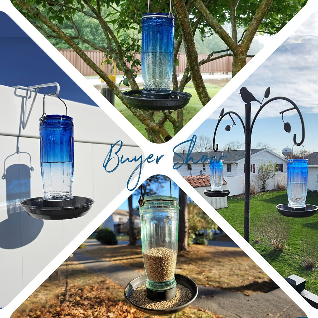 Bird Waterer Outdoor Hanging Glass Wild Bird Water Dispenser with Metal Handle – Gravity Fed Garden Yard Patio Tree Bird Feed