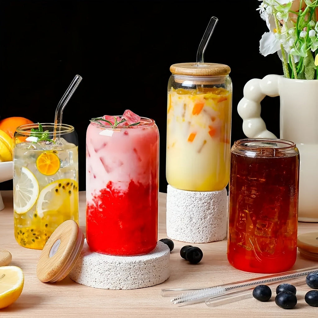 Drinking Glasses Set with Lid and Straw 550ml Oval Glass Cups 4 or 6 Piece, for Home Cooking, Dining and Outdoor Meals — imag