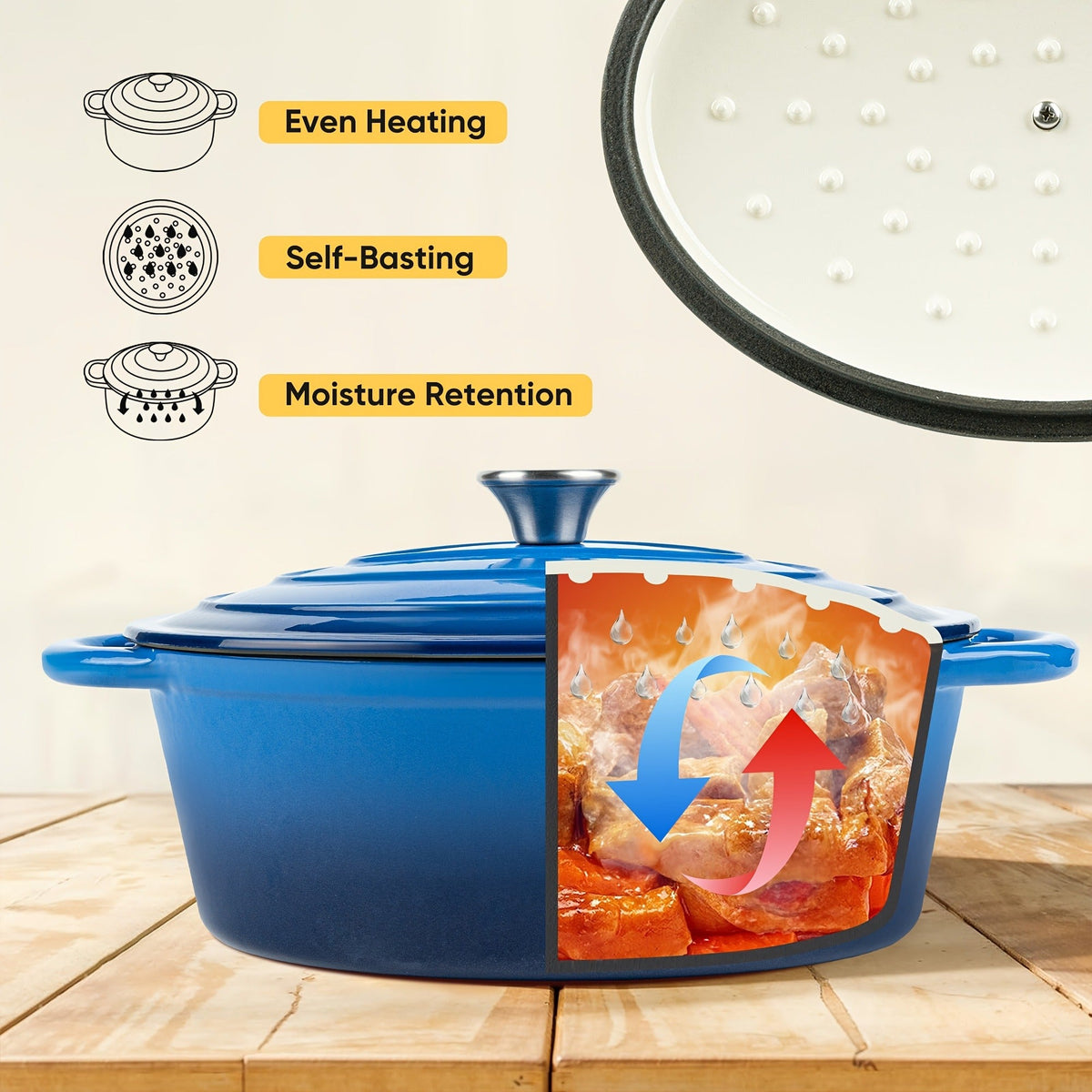 Dutch Oven Enameled Cast Iron 4.5QT with Lid & Dual Handles – Oval Non-Stick Enamel Coating for Bread Baking Soups Stews Brai