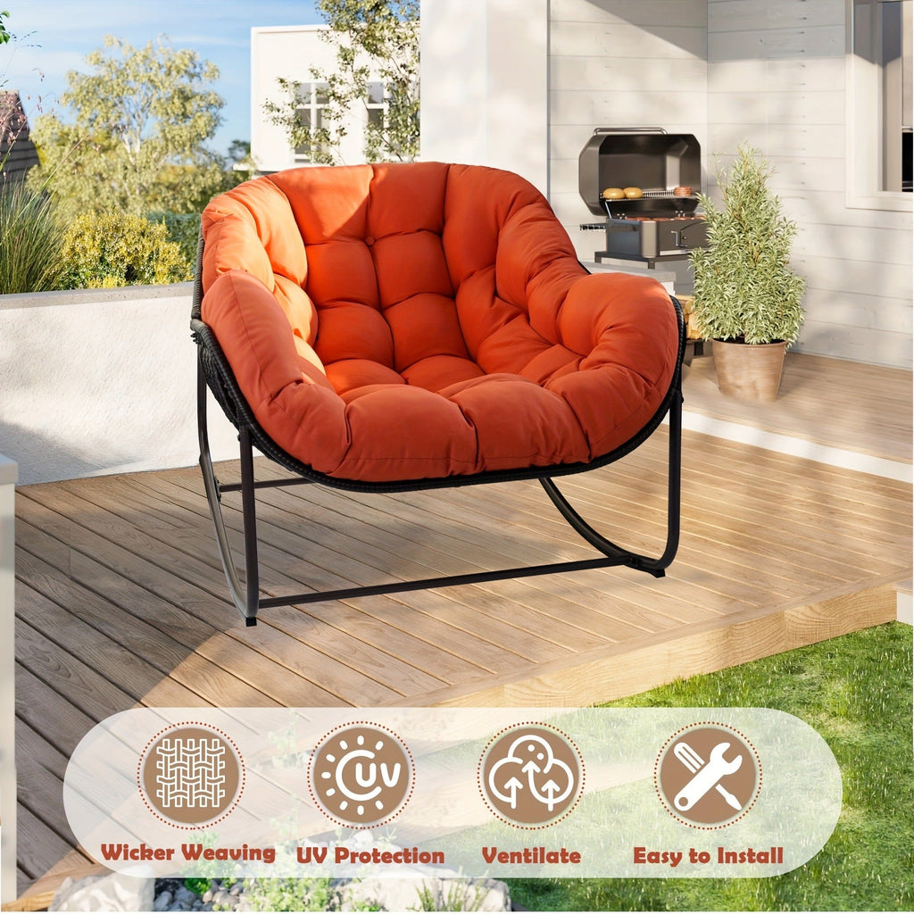 Papasan Rocking Chair Outdoor Wicker Egg Chair with Cushion & Pillow, Large Patio Rocker for Garden — image 11