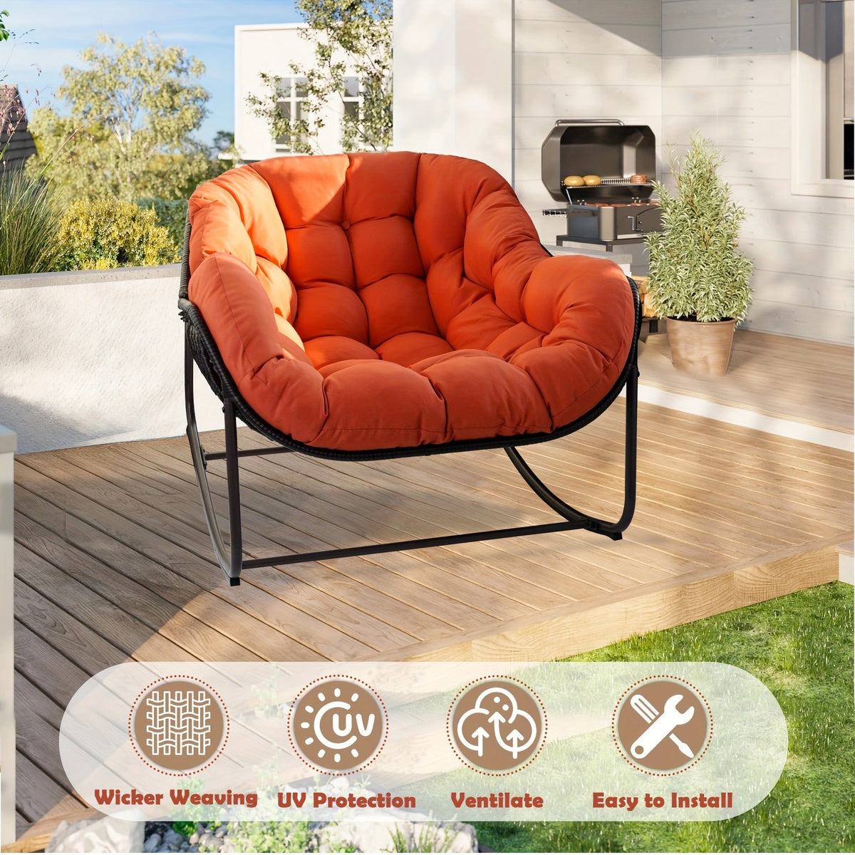 Papasan Rocking Chair Outdoor Wicker Egg Chair with Cushion & Pillow, Large Patio Rocker for Garden — image 11