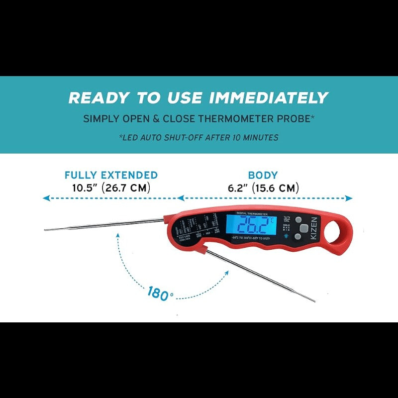Red and Black Folding Digital Food Thermometer with Backlit Display, Calibration Mode, Unit Switch and Hanging Loop — image 1