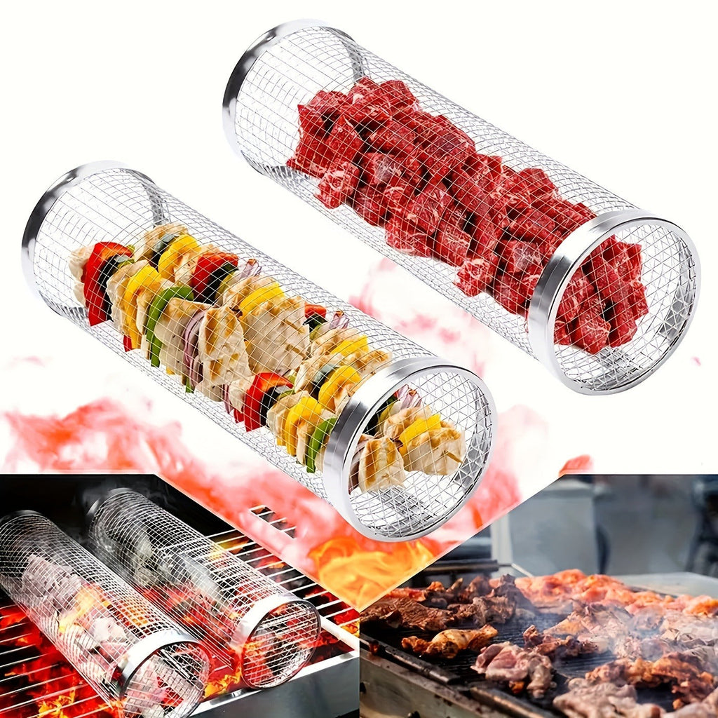 Rolling Grill Basket Stainless Steel 2-Pack, Cylinder BBQ Basket with Hook & Fork for Vegetables — image 12