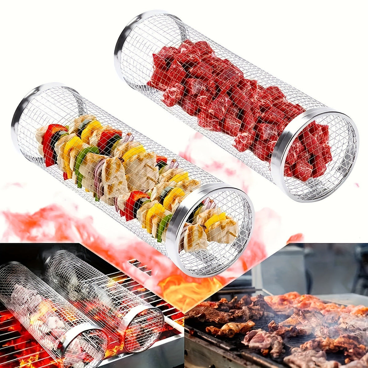 Rolling Grill Basket Stainless Steel 2-Pack, Cylinder BBQ Basket with Hook & Fork for Vegetables — image 12