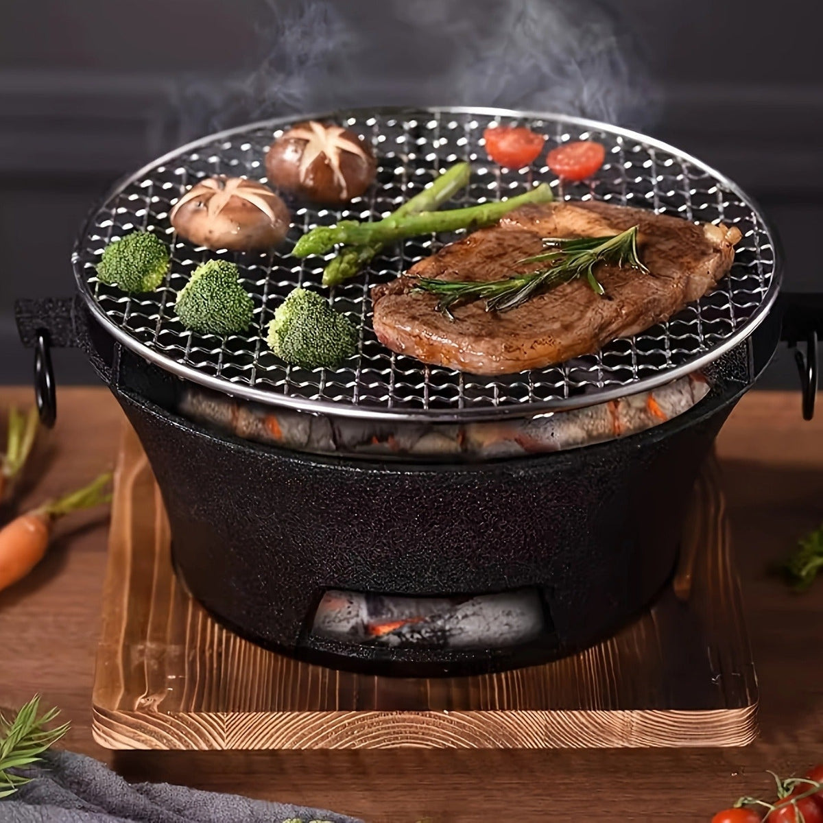 10.6-Inch Round Charcoal Grill Set with Cast-Iron Body, Cooking Grid, Wooden Base and Tongs — image 12
