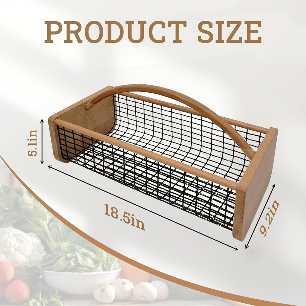 Garden Harvest Basket Metal Mesh with Wooden Handle – Rectangle Vegetable Fruit Picking Basket for Garden, Kitchen & Farmhous