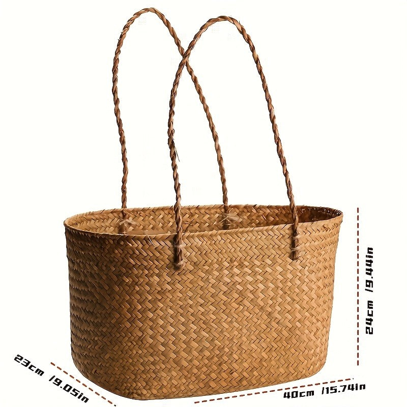 Large Woven Straw Picnic Tote Basket with Long Handles, Open Top Natural-Color Outdoor Carry Design — image 12