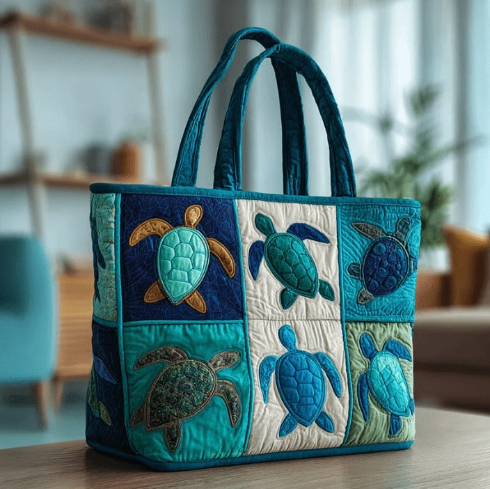 Sea Turtle Patchwork Tote Bag with Quilted Panels, Teal Handles and 17 x 15.75-Inch Checkout Size — image 12