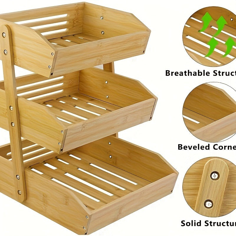 Fruit Basket Stand 2 & 3 Tier Wooden Countertop Organizer Large Capacity Kitchen Storage for Fruits Vegetables Bread Produce 