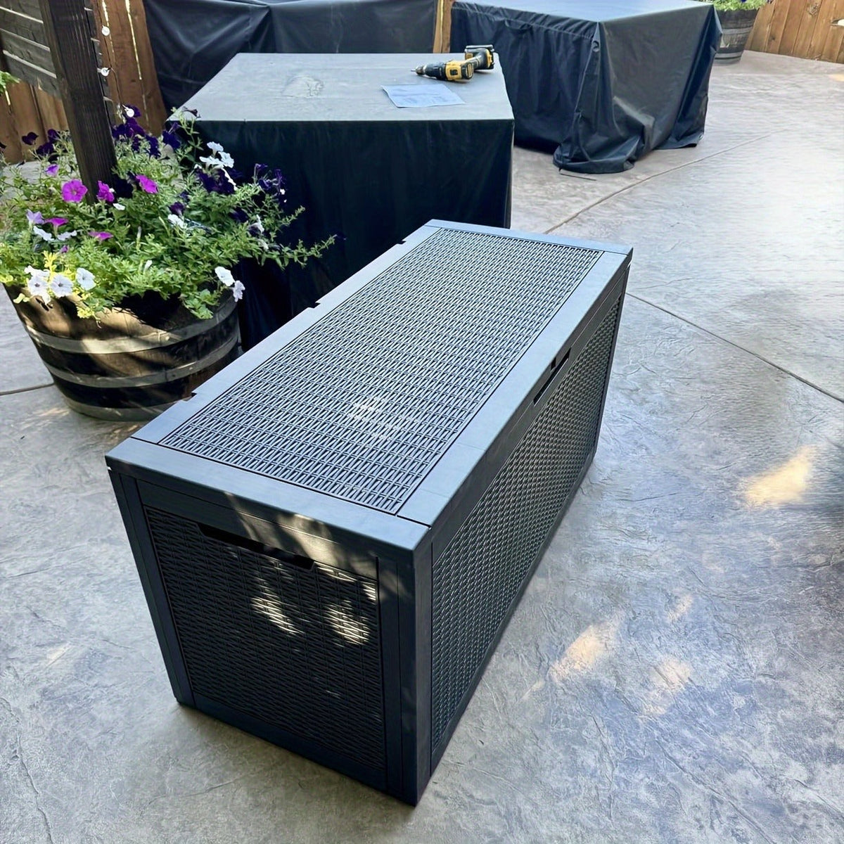 Large Gray Rattan-Look Outdoor Storage Box with 110-Gallon Pictured Capacity, Handles and Hinged Lid — image 8
