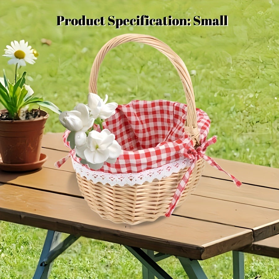Large Wicker Picnic Basket with Split Lid, Central Carry Handle and Red Checkered Textile Lining — image 12