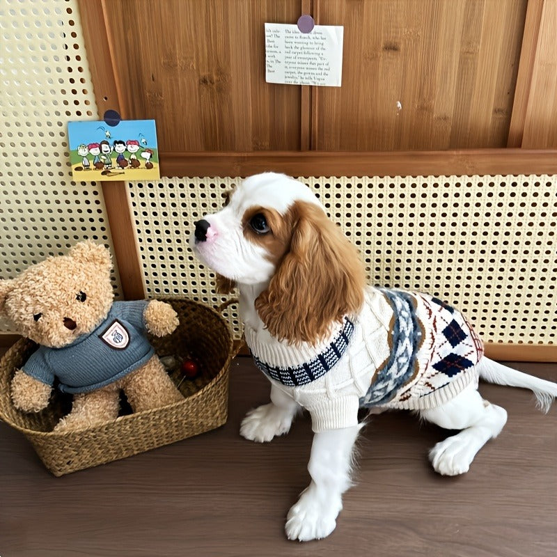 Cable-Knit Dog Turtleneck Sweater with Fair Isle Pattern, Beige or Blue and Five XS–XL Sizes — image 8