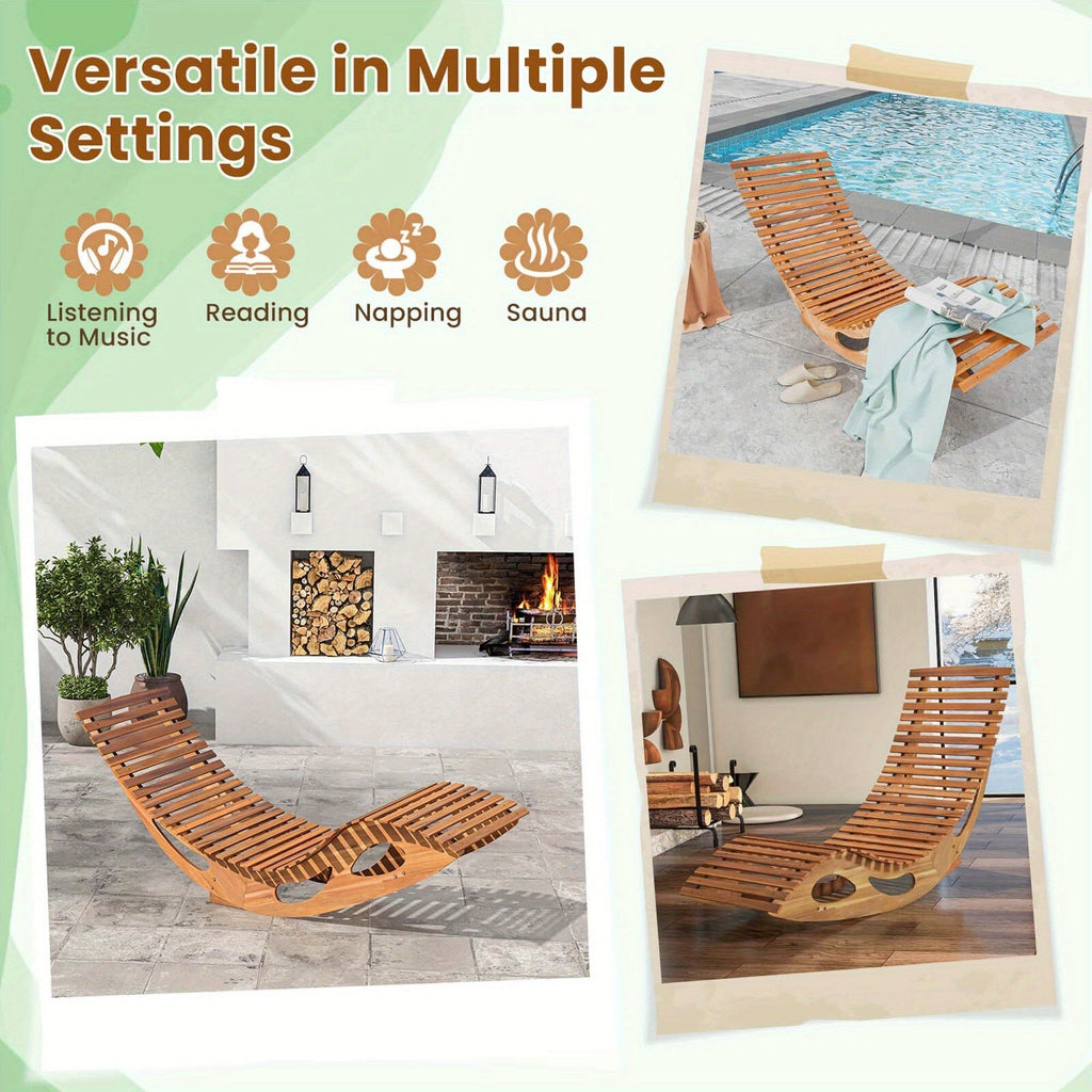 Acacia Wood Rocking Chaise Lounge Outdoor High Back Slatted Seat Stopper Patio Rocker for Deck Poolside Garden — image 11