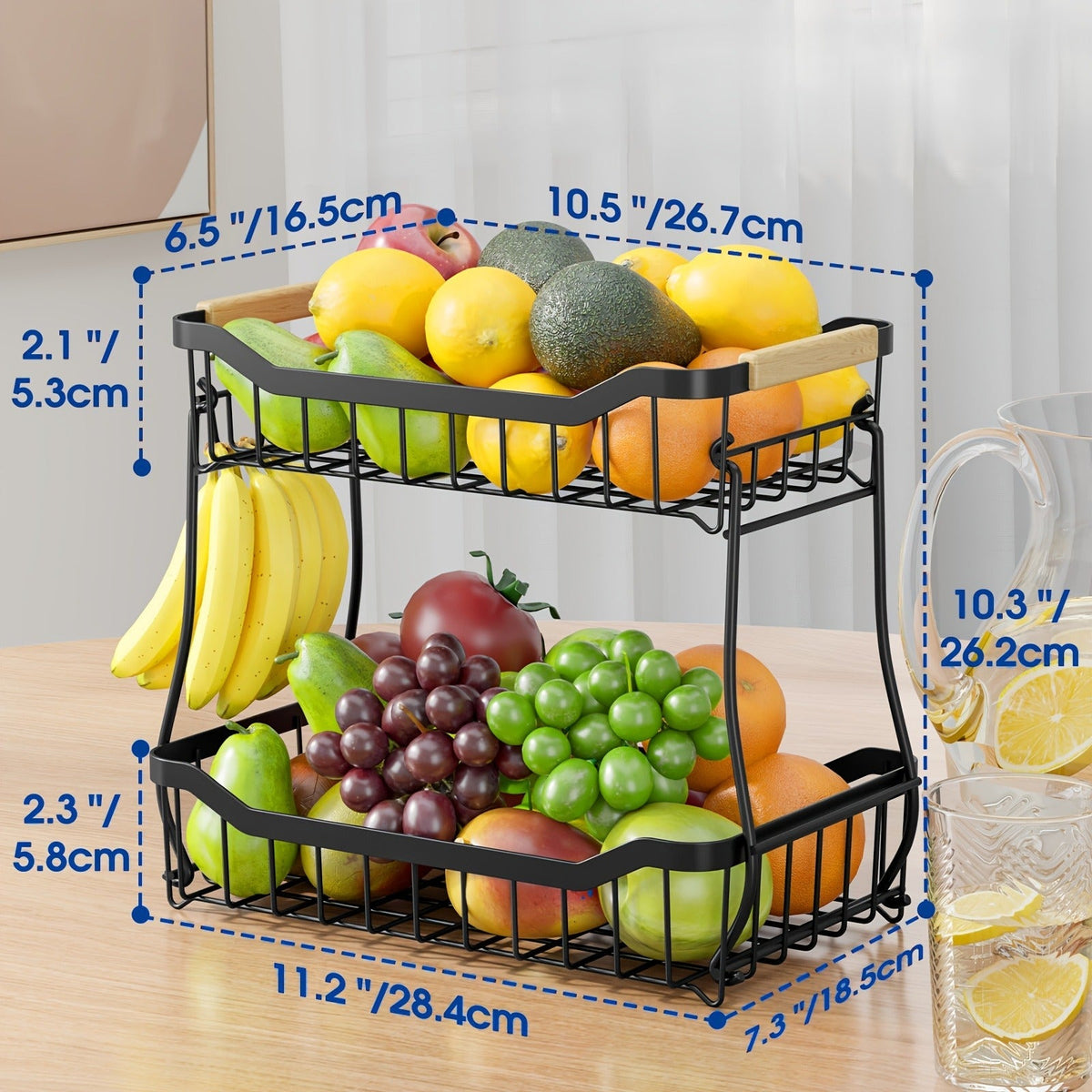 Tiered Fruit Basket Kitchen Organizer with Banana Hook, Removable 2 or 3 Metal Baskets and Wood Handle — image 13