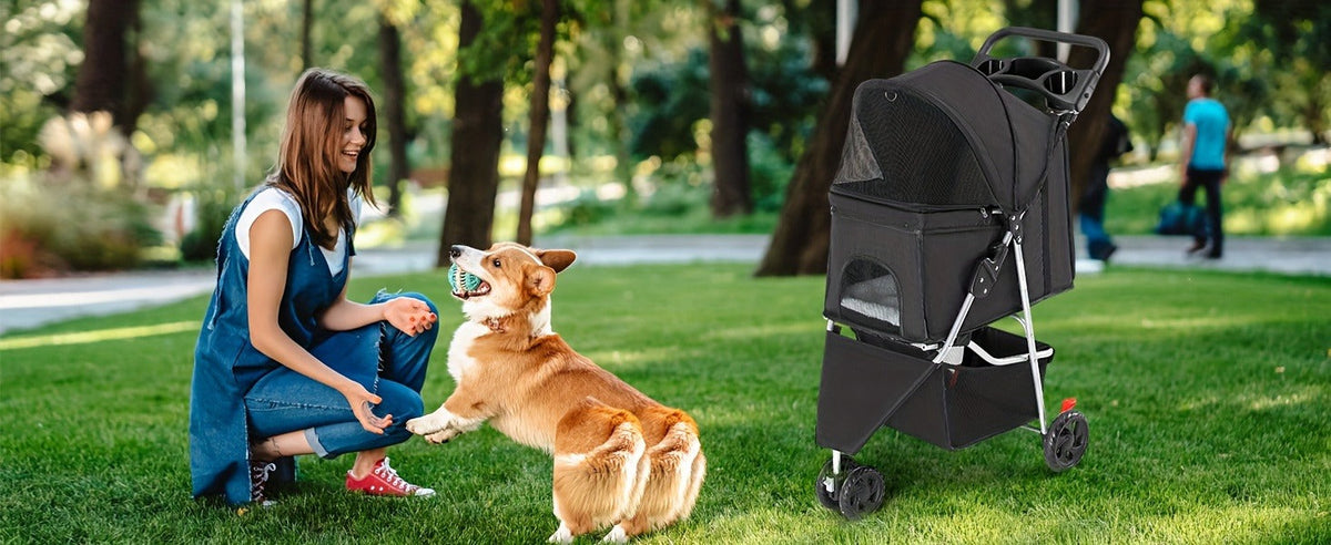 Black Three-Wheel Pet Stroller with Mesh Cabin, Front Cover, Cup Tray and Lower Storage Basket — image 6