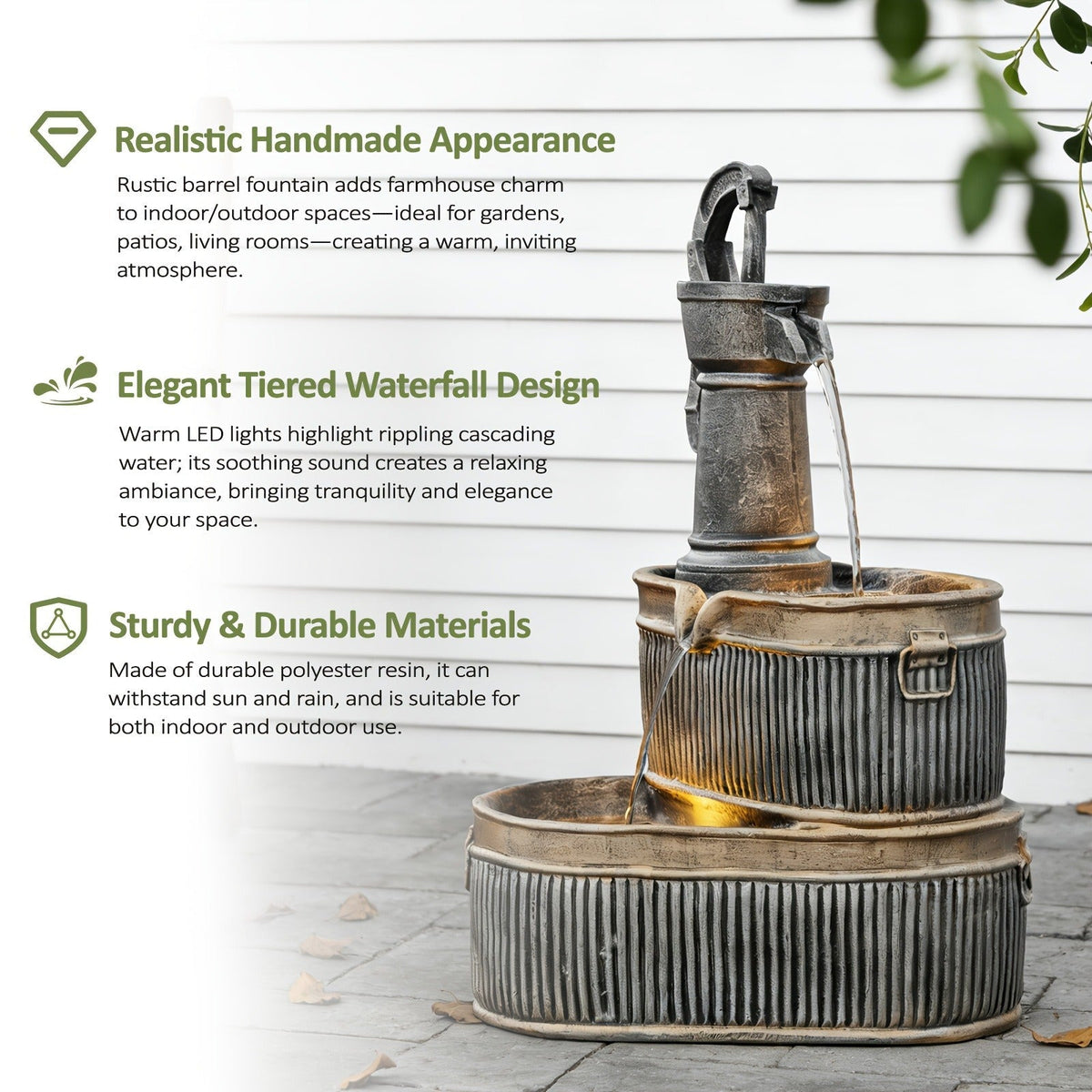 Outdoor Water Fountain 2-Tier Barrel with LED Light & Pump - Rustic Resin Garden Fountain for Patio — image 11