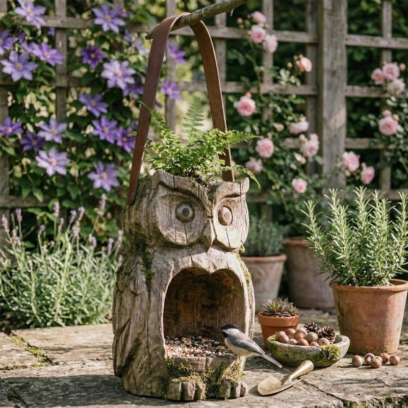 Bird Feeder Hanging Outdoor Rustic Wood Owl-Shaped Plant Pot for Patio Lawn Garden Decor – Open Design Decorative Planter for