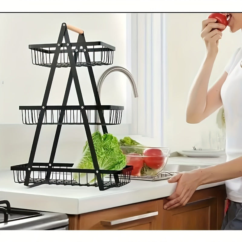Fruit Basket Kitchen Organizer 2 or 3 Tier Metal Stand with Removable Wooden Handles for Countertop — image 13