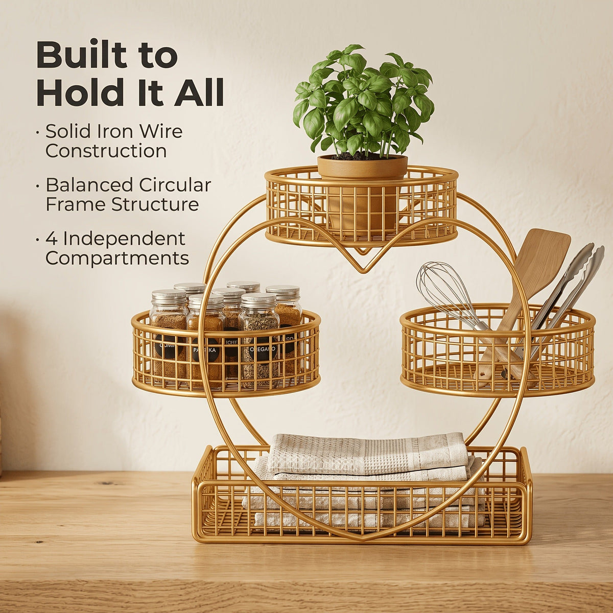 Three-Tier Gold-Tone Wire Fruit Basket with Three Round Bowls and Rectangular Countertop Base — image 12