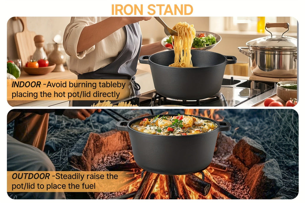 Pre-Seasoned-Labeled Cast Iron Dutch Oven with Reversible Skillet Lid, Trivet, Handle Covers and Scraper — image 12