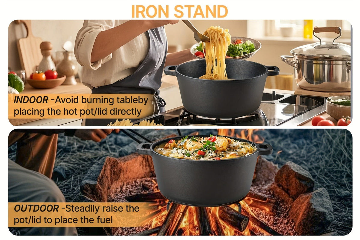 Pre-Seasoned-Labeled Cast Iron Dutch Oven with Reversible Skillet Lid, Trivet, Handle Covers and Scraper — image 12