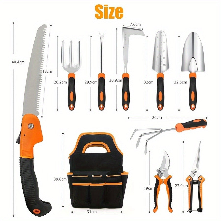Garden Tool Set 10-Piece | Heavy Duty Stainless Steel Trowel Pruner Rake Weeder with Tote Bag | Ergonomic Non-Slip Grip Garde