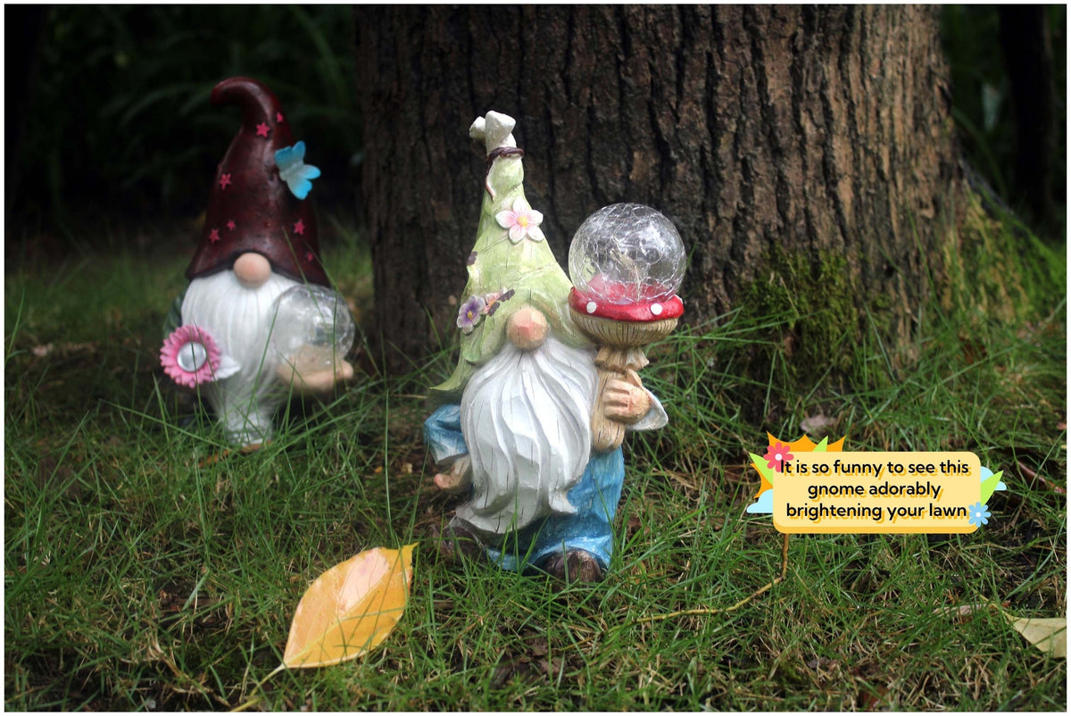 Solar Garden Gnome Statue with LED Magical Ball Light Outdoor Resin Dwarf Sculpture IP44 Waterproof Spring Yard Patio Decor H